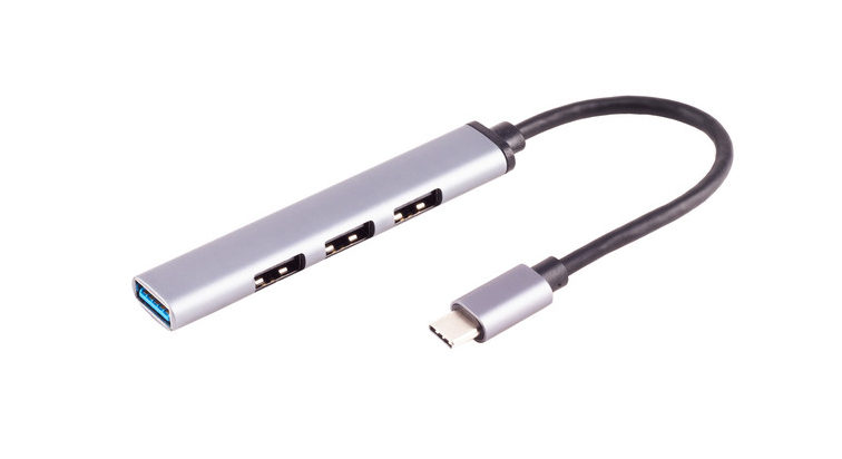 USB-C Hub, 3.0, 4-fach USB-A, ALU, slim, 0,12m