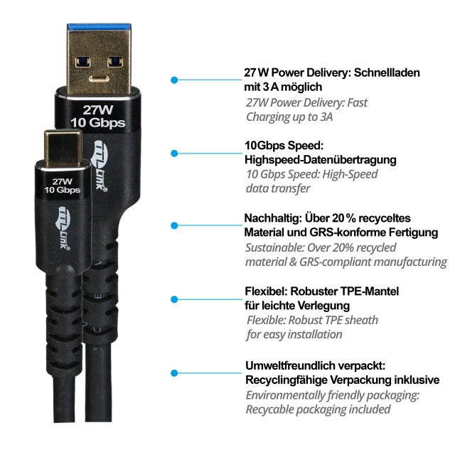 USB 3.2 Gen2 Kabel USB-A St.-USB-C St. 10Gbps 27W/3A GRS konf.