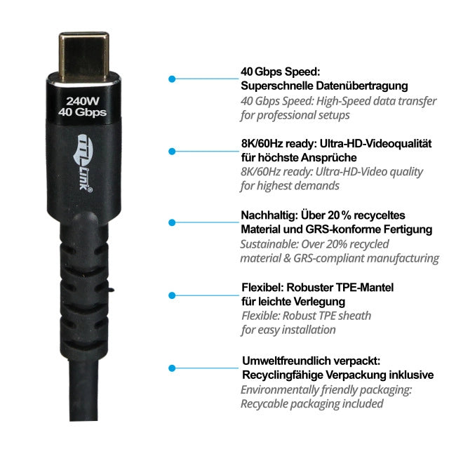 USB4 3x2 Kabel USB-C St.-St. 40Gbps 240W/5A 8K60Hz GRS konf.