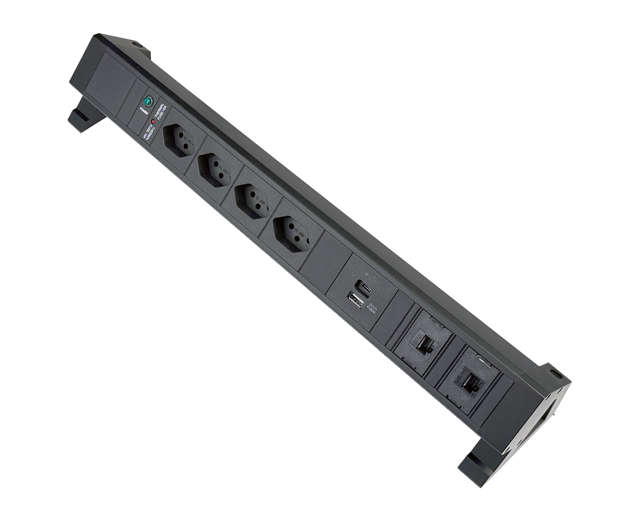 PDU Desk-Mountain, 4 x T13 schwarz, 2 x RJ45, 1 x USB A+C, Thermal Fuse 10A, schwarz
