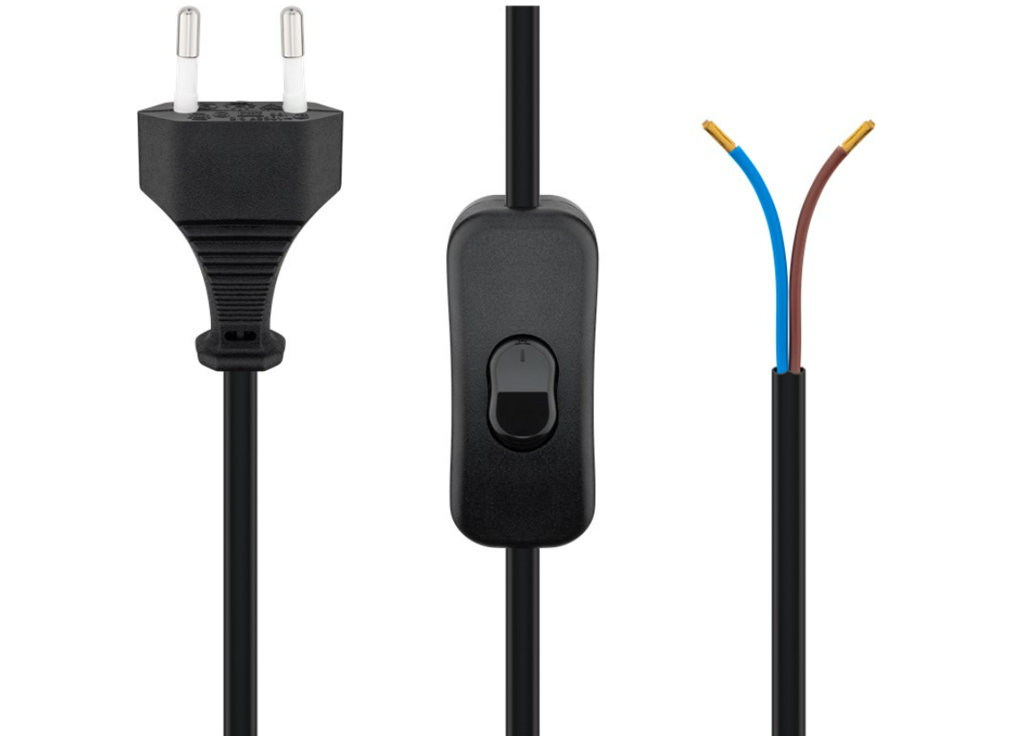 Câble avec fiche Euro à monter - avec interrupteur, 1,5 m, / noir / blanc