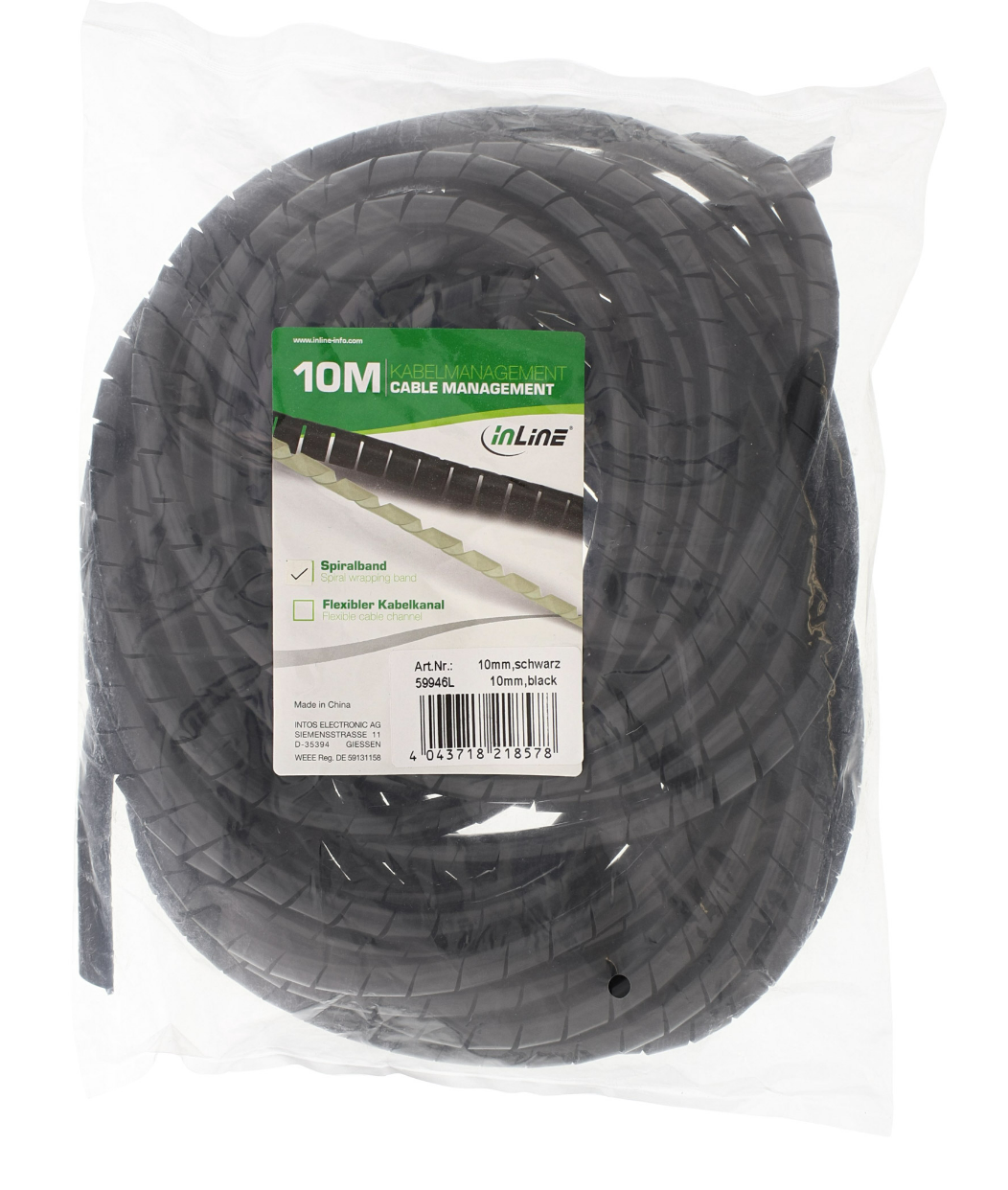 InLine® Spiralband Kabelschlauch 10m, schwarz, 10mm