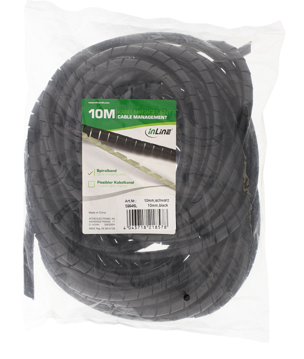Tuyau de câble en spirale InLine® 10m, noir, 10mm