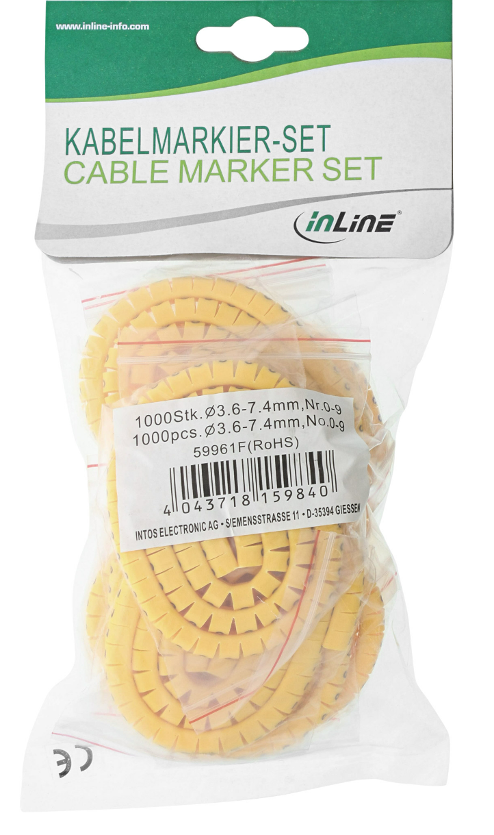 InLine® Kabelmarkierer 3,6-7,4mm, Nr.0-9, 1000 Stück