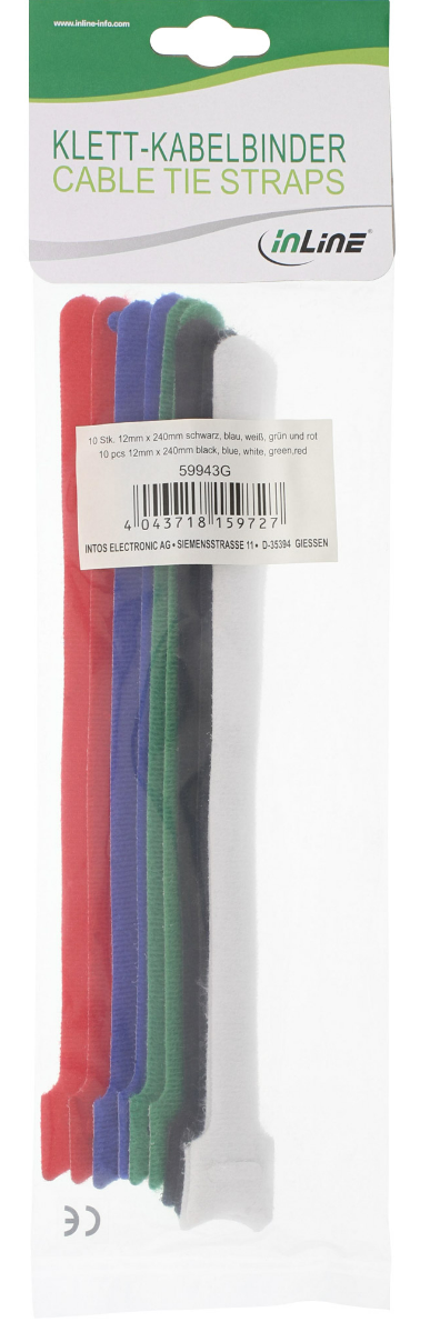 Attaches de câble InLine®, fermeture Velcro, paquet de 10, 5 couleurs différentes
