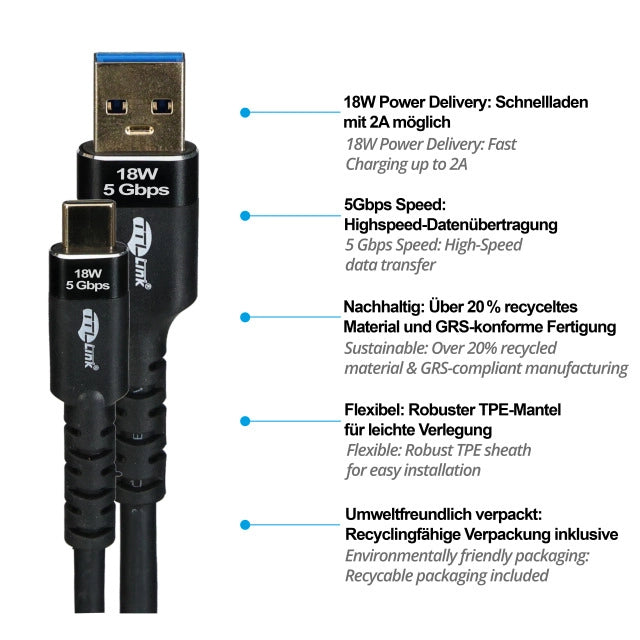 USB 3.2 Gen2 Kabel USB-A St.-USB-C St. 5Gbps 18W/2A GRS konf.
