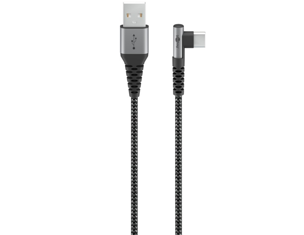 Câble textile USB-C™ vers USB-A avec connecteurs métalliques (gris sidéral/argent), 90° 