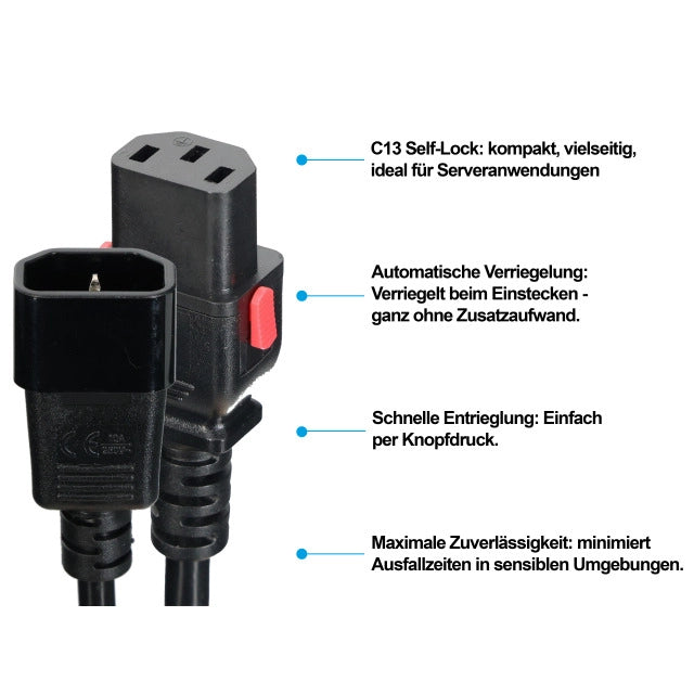 Netzkabel C13 (180°) SelfLock-C14 (180°) H05VV-F 3x1,0mm²