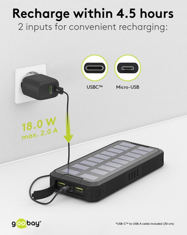 Power bank da esterno a ricarica rapida con energia solare da 20.000 mAh (USB-C™ PD, QC 3.0)